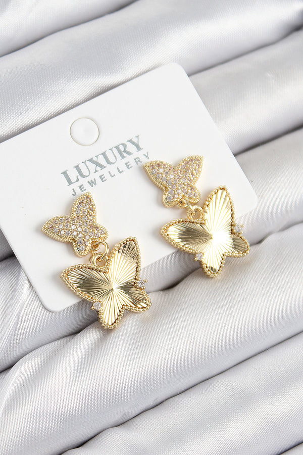BKP11209 - Pirinç Zirkon Taşlı Kelebek Model Gold Renk Kadın Küpe