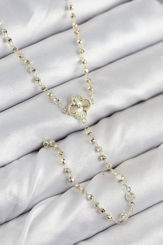 BKO10499 - Pirinç Zirkon Taşlı Yonca Model Gold Renk Kadın Y Kolye