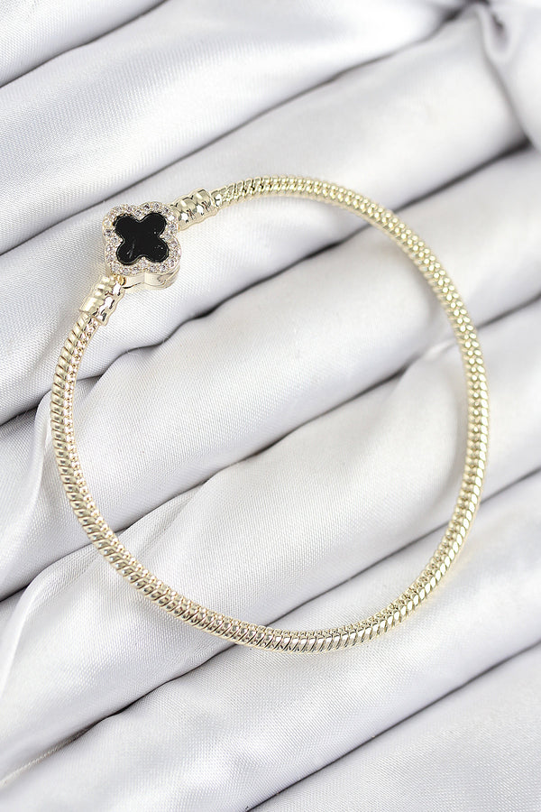 BB7806 - Pirinç Charm Zirkon Taşlı Yonca Model Gold Renk Kadın Bileklik