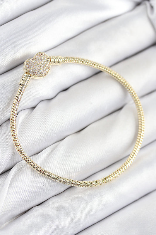 BB7809 - Pirinç Charm Zirkon Taşlı Kalp Model Gold Renk Kadın Bileklik
