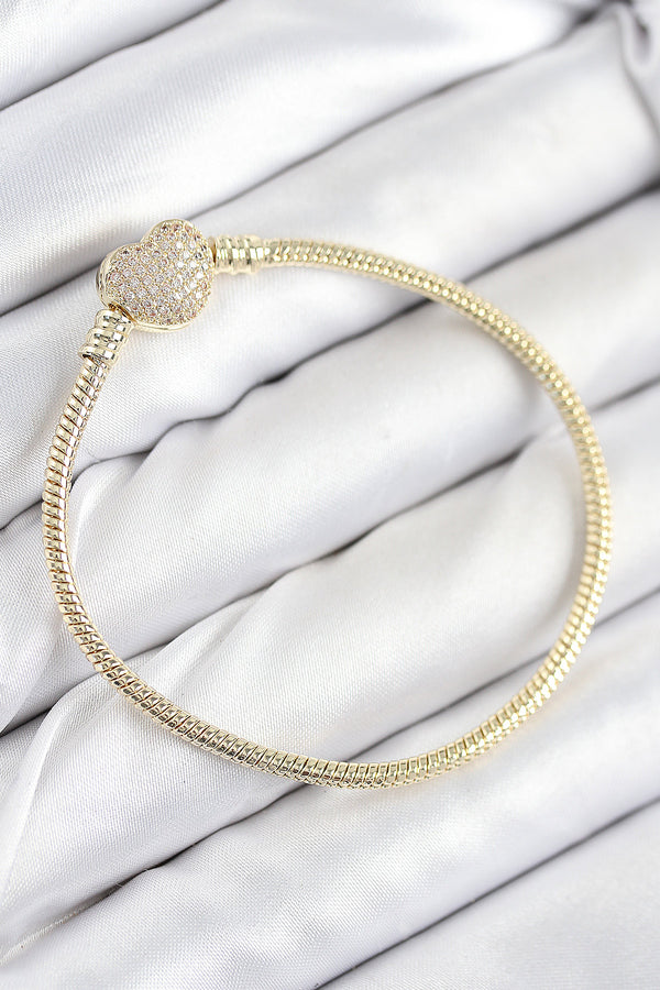 BB7809 - Pirinç Charm Zirkon Taşlı Kalp Model Gold Renk Kadın Bileklik