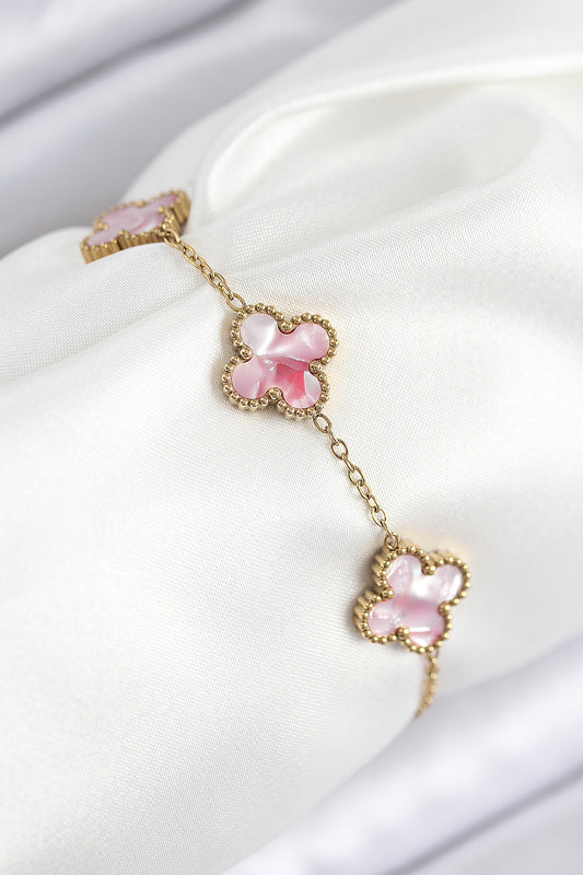 BB7811 - 316L Çelik Sedefli Pembe Gold Renk Yonca Kadın Bileklik