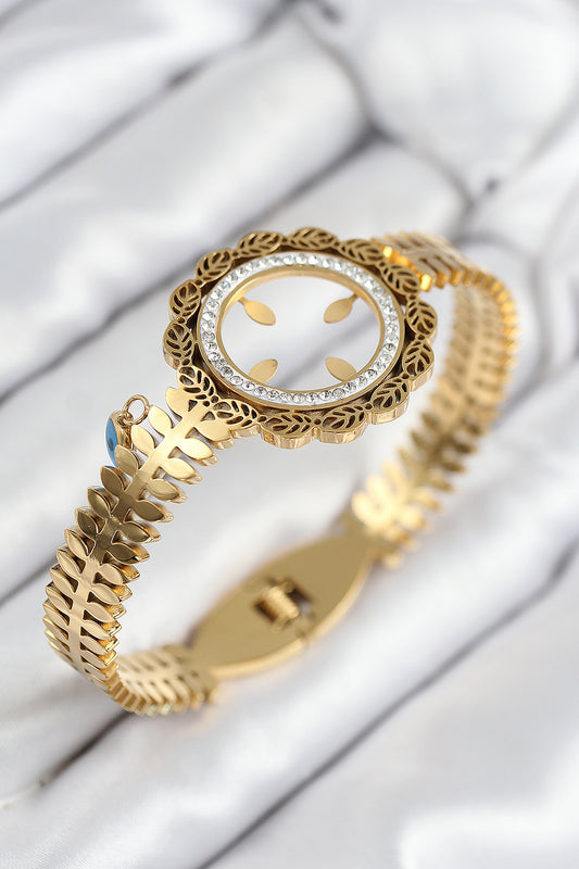 BB7821 - 316L Çelik Zirkon Taşlı Çeyrek Takılabilir Gold Renk Kelepçe