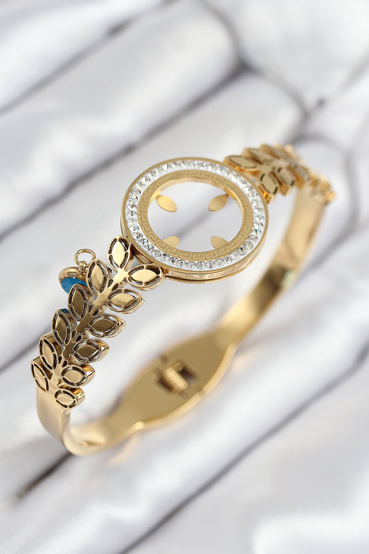 BB7823 - 316L Çelik Zirkon Taşlı Çeyrek Takılabilir Gold Renk Kelepçe