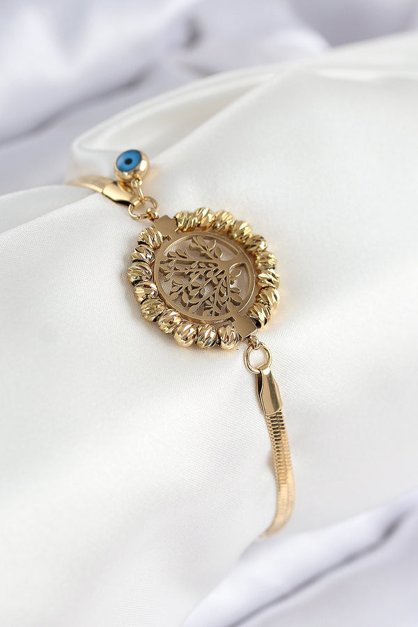 BB7827 - 316L Çelik Nazar Boncuk Detaylı Hayat Ağacı Model İtalyan Zincir Gold Renk Kadın Bileklik