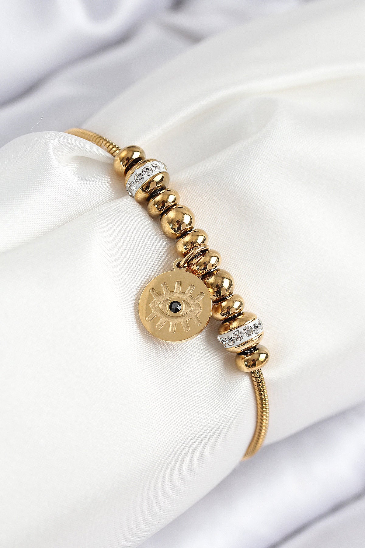 316L Çelik Zirkon Taşlı Göz Charm Model Gold Renk Kadın Bileklik - BB7842