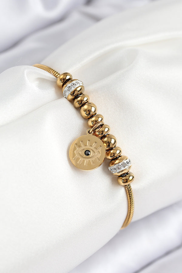 BB7842 - 316L Çelik Zirkon Taşlı Göz Charm Model Gold Renk Kadın Bileklik