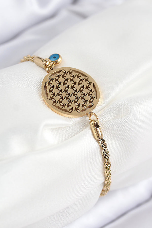 BB7838 - 316L Çelik Nazar Boncuğu Detaylı Yaşam Çiçeği Model Gold Renk Kadın Bileklik
