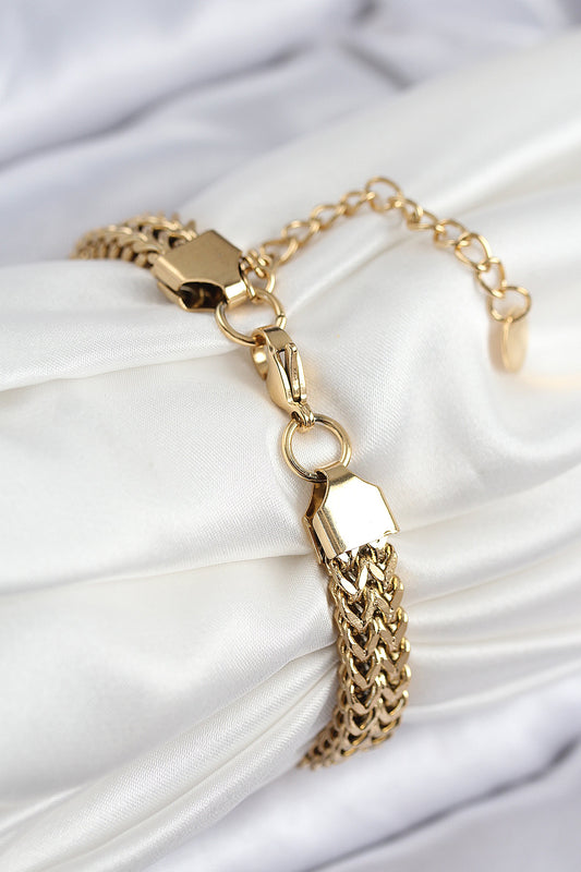 316L Çelik Örme Zincir Model Gold Renk Kadın Bileklik - BB7831