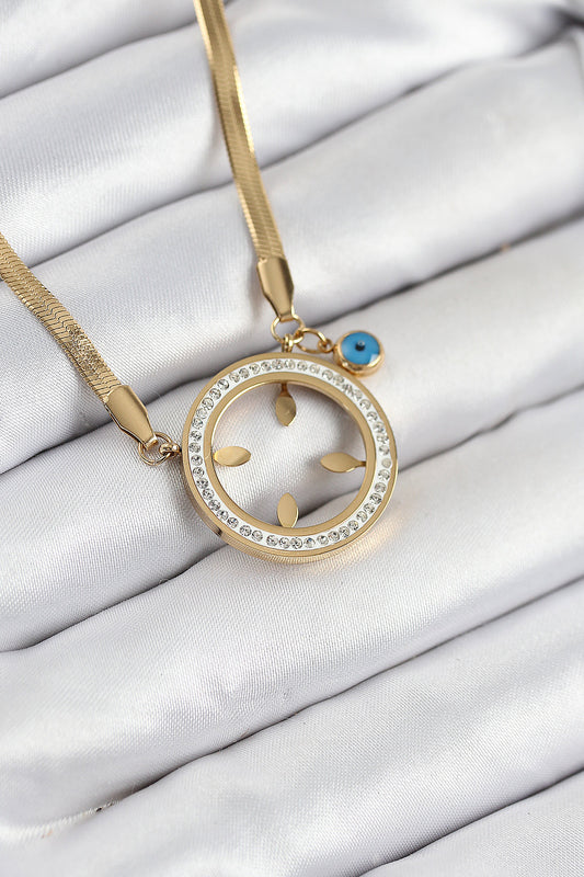 BKO10506 - 316L Çelik Zirkon Taşlı Çeyrek Takılabilir Gold Renk Kadın Kolye