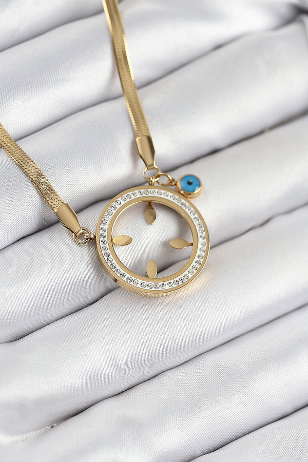 BKO10506 - 316L Çelik Zirkon Taşlı Çeyrek Takılabilir Gold Renk Kadın Kolye