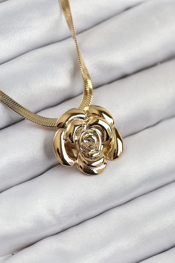 BKO10513 - 316L Çelik Gül Figürlü İtalyan Zincir Model Gold Renk Kadın Kolye