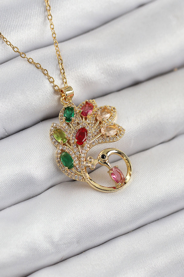 BKO10514 - 316L Çelik Zirkon Taşlı Tavus Kuşu Model Gold Renk Kadın Kolye