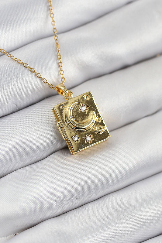 BKO10515 - 316L Çelik Zirkon Taşlı Açılabilr Kapaklı Kitap Model Gold Renk Kadın Kolye