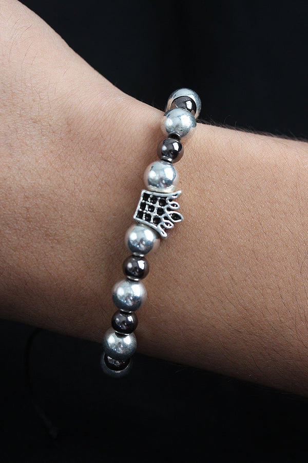 EB3757 - Doğal Taş Kral Tacı Model Gümüş Ve Füme Renk Asansörlü Erkek Bileklik