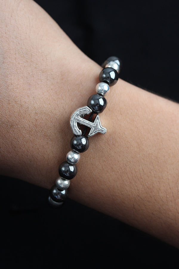 EB3762 - Doğal Taş Çapa Model Gümüş Ve Füme Renk Asansörlü Erkek Bileklik