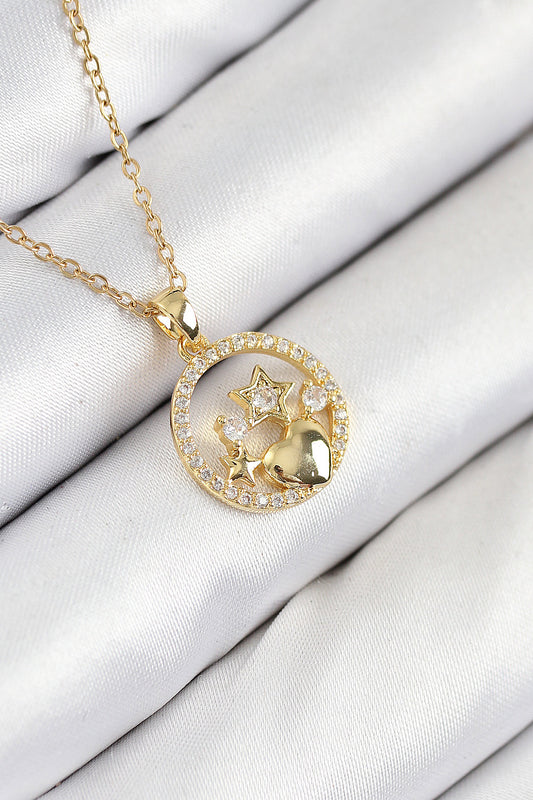 BKO10522 - 316L Çelik Zirkon Taşlı Yıldız Ve Kalp Model Gold Renk Kadın Kolye