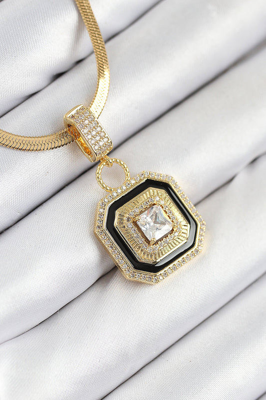 BKO10529 - 316L Çelik Zirkon Taşlı Siyah Detaylı Baget Model Gold Renk Kadın Kolye