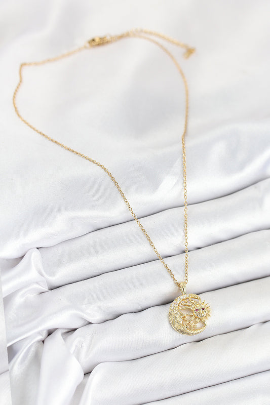 BKO10538 - 316L Çelik Zirkon Taşlı Ay Ve Güneş Model Gold Renk Kadın Kolye