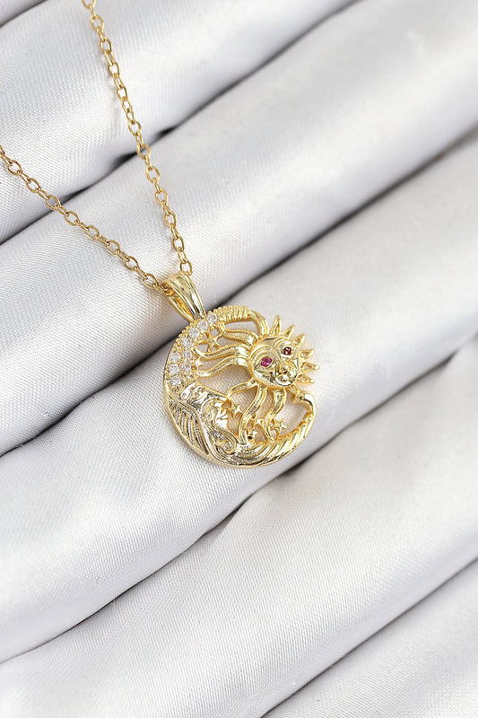 BKO10538 - 316L Çelik Zirkon Taşlı Ay Ve Güneş Model Gold Renk Kadın Kolye