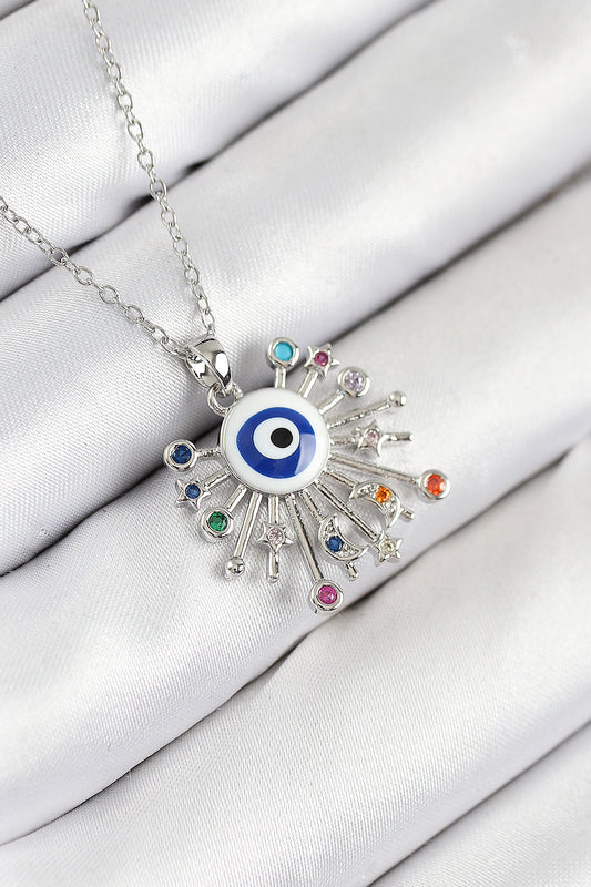 BKO10543 - 316L Çelik Zirkon Taşlı Nazar Model Gümüş Renk Kadın Kolye