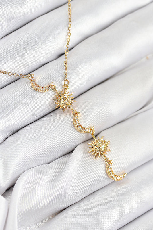 BKO10548 - 316L Çelik Zirkon Taşlı Güneş Ve Ay Model Gold Renk Kadın Kolye
