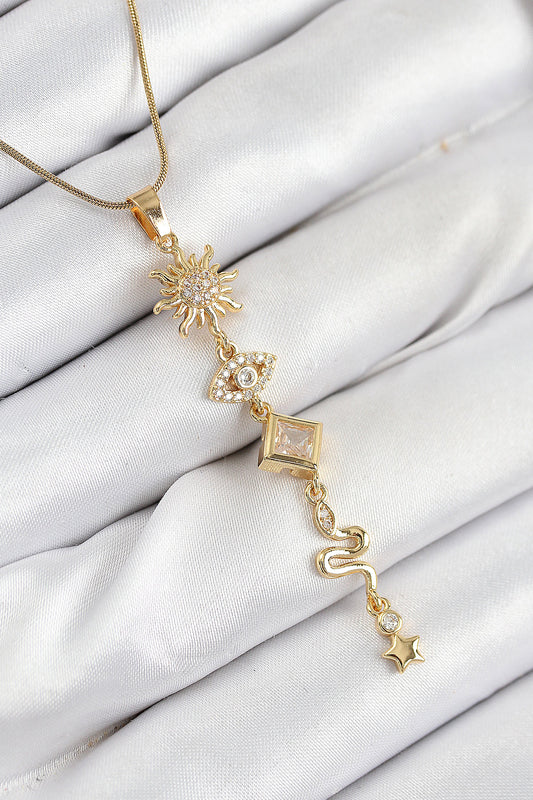 BKO10550 - 316L Çelik Zirkon Taşlı Güneş Ve Ay Enerji Model Gold Renk Kadın Kolye