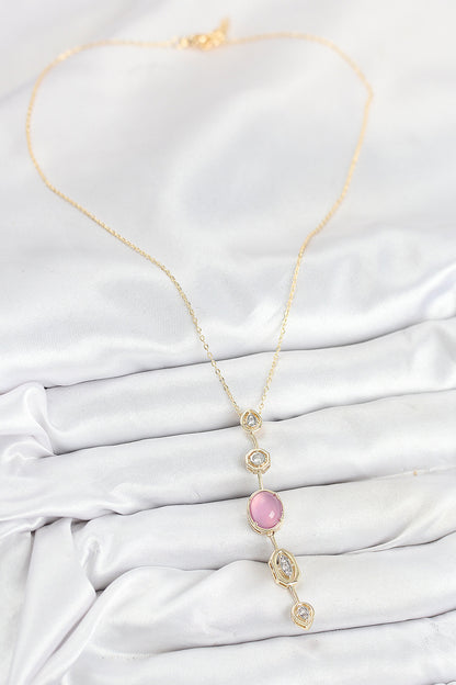 Pirinç Zincir Pembe Gold Renk Zirkon Taşlı Y Kolye - BKO10554