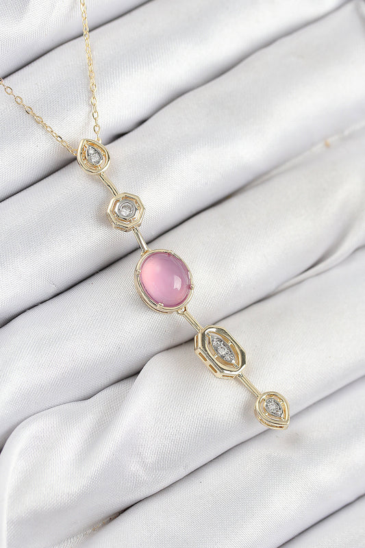 BKO10554 - Pirinç Zincir Pembe Gold Renk Zirkon Taşlı Y Kolye