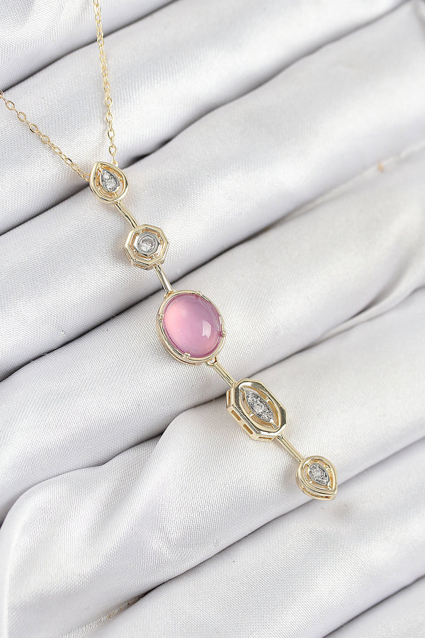 BKO10554 - Pirinç Zincir Pembe Gold Renk Zirkon Taşlı Y Kolye