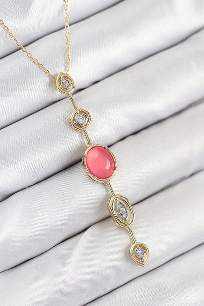 Pirinç Zincir Pembe Gold Renk Zirkon Taşlı Y Kolye - BKO10556