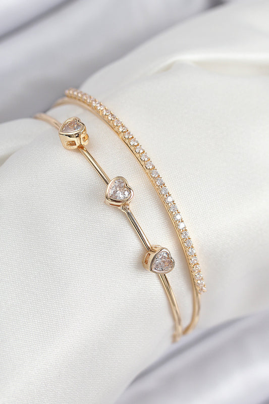 BB7861 - Pirinç Zirkon Taşlı Kalp Model Gold Renk Kadın Bileklik