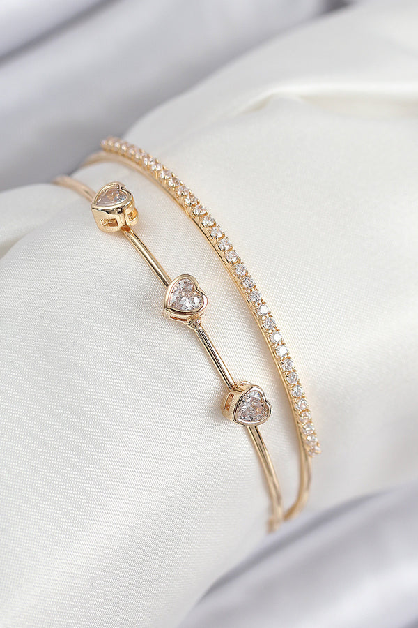 BB7861 - Pirinç Zirkon Taşlı Kalp Model Gold Renk Kadın Bileklik