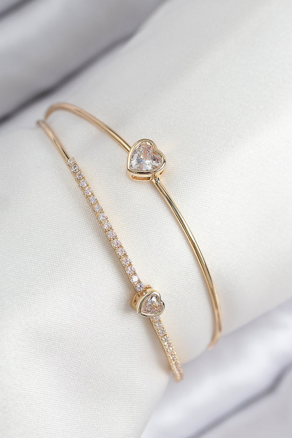 BB7869 - Pirinç Zirkon Taşlı Kalp Model Gold Renk Kadın Bileklik