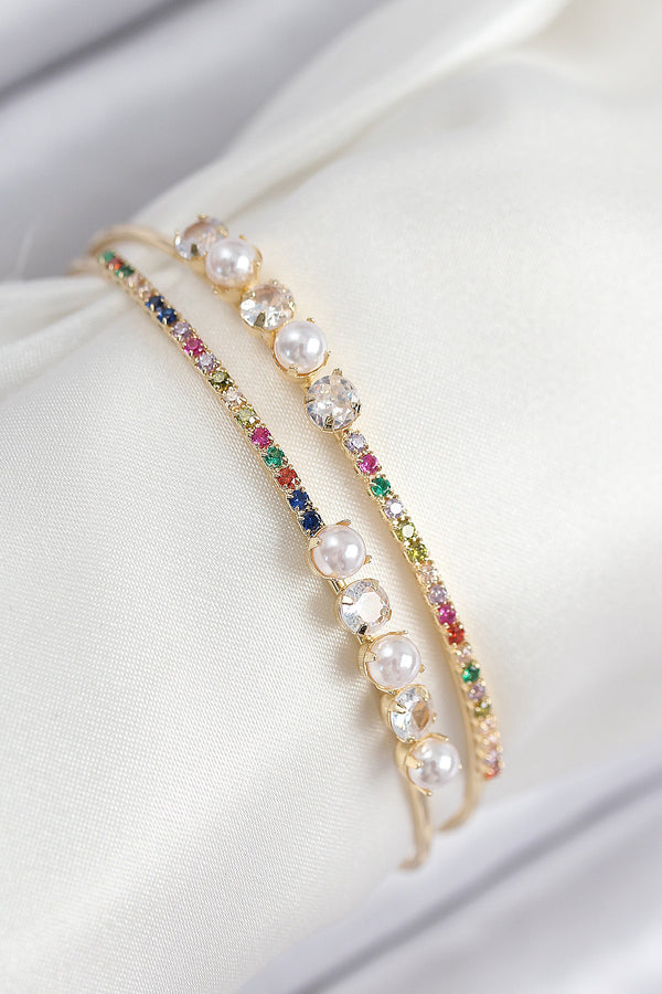 BB7875 - Pirinç Zirkon Taşlı İnci Model Gold Renk Kadın Bileklik