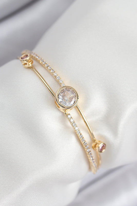 BB7879 - Pirinç Zirkon Taşlı Pırlanta Model Gold Renk Kadın Bileklik