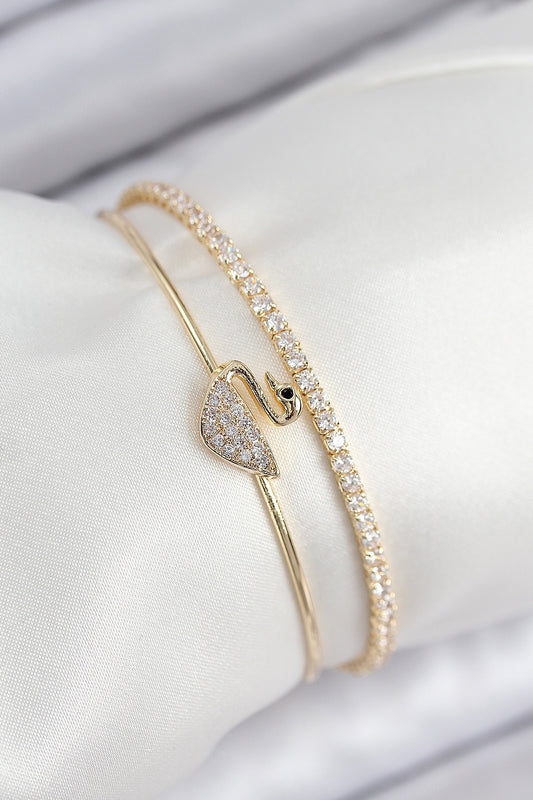 BB7889 - Pirinç Zirkon Taşlı Kuğu Model Gold Renk Kadın Bileklik