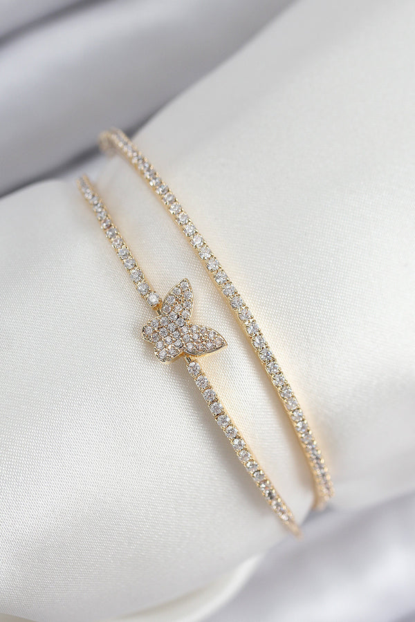 BB7891 - Pirinç Zirkon Taşlı Kelebek Model Gold Renk Kadın Bileklik