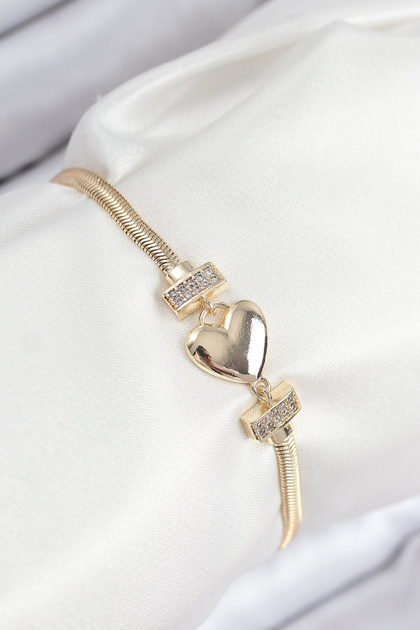 BB7901 - Pirinç Zirkon Taşlı Kalp Model Gold Renk Kadın Bileklik