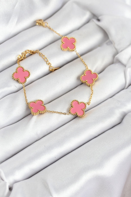 BB7908 - 316L Çelik Gold Zincir Pembe Yonca Renk Bileklik