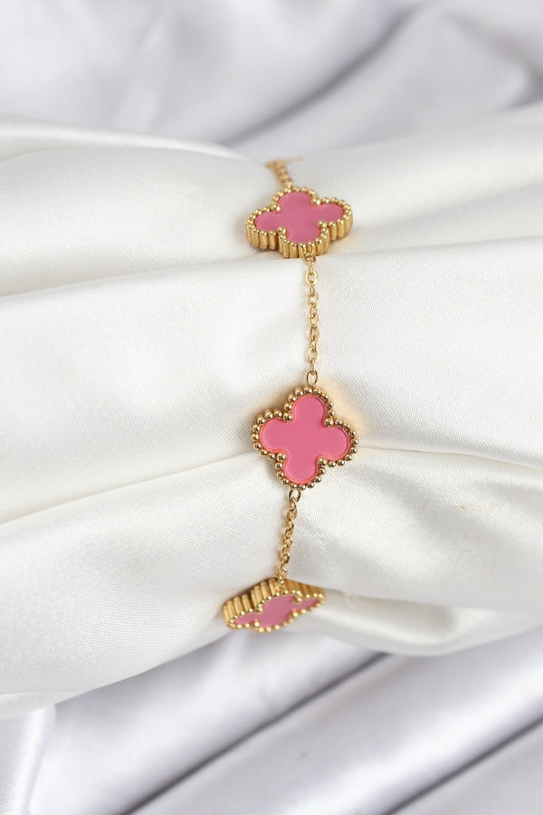 BB7908 - 316L Çelik Gold Zincir Pembe Yonca Renk Bileklik