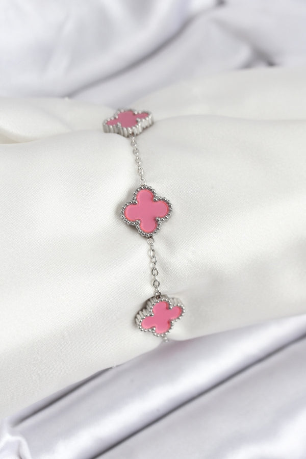 BB7909 - 316L Çelik Gümüş Zincir Pembe Renk Yonca Bileklik