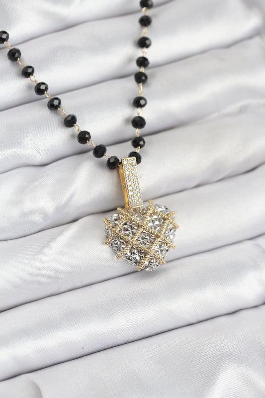 BKO10562 - 316L Çelik Zincir Kristal Boncuklu Kalpli Kadın Kolye