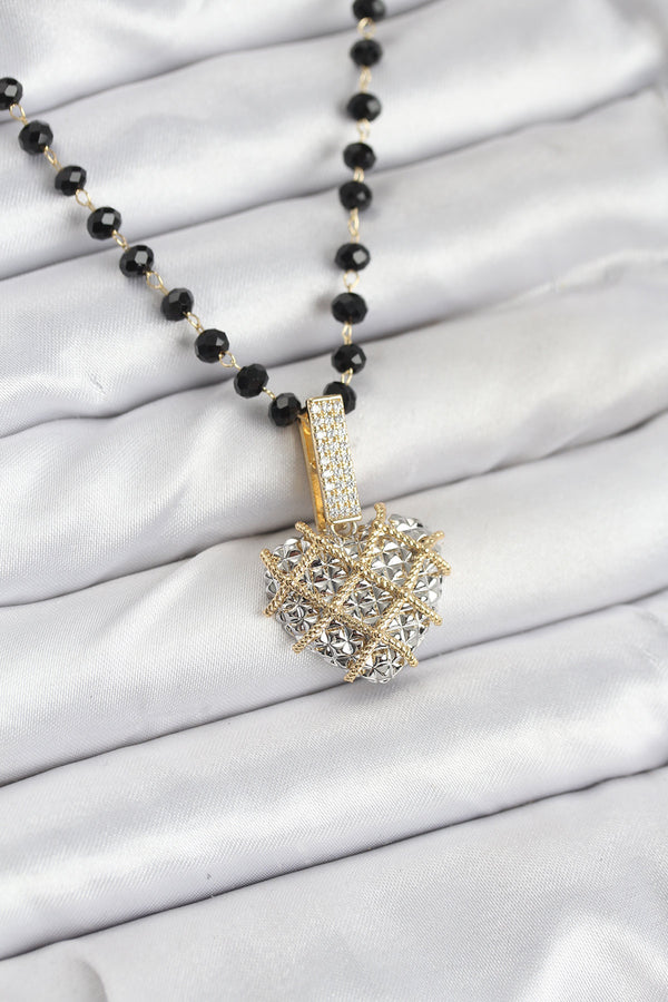 BKO10562 - 316L Çelik Zincir Kristal Boncuklu Kalpli Kadın Kolye