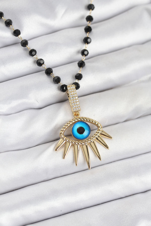 BKO10564 - 316L Çelik Zincir Kristal Boncuklu Göz Model Kadın Kolye