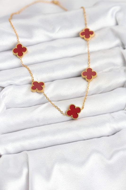 BKO10565 - 316L Çelik Gold Renk Zincir Bordo Yonca Kadın Kolye