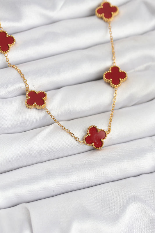 316L Çelik Gold Renk Zincir Bordo Yonca Kadın Kolye - BKO10565
