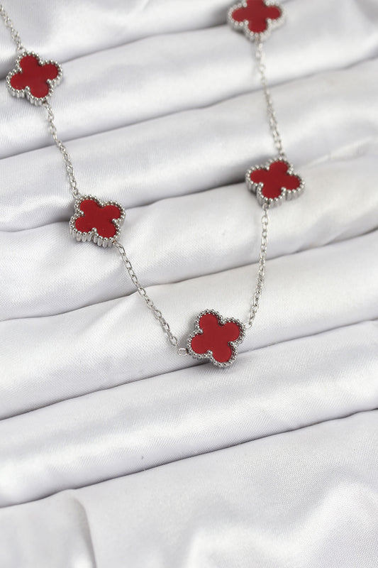 BKO10569 - 316L Çelik Zincir Gümüş Renk Bordo Renk Yonca Kadın Kolye