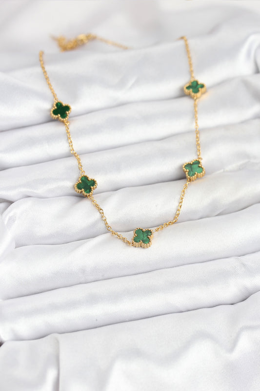 BKO10570 - 316L Çelik Zincir Gold Renk Yeşil Baby Boy Yonca Kadın Kolye