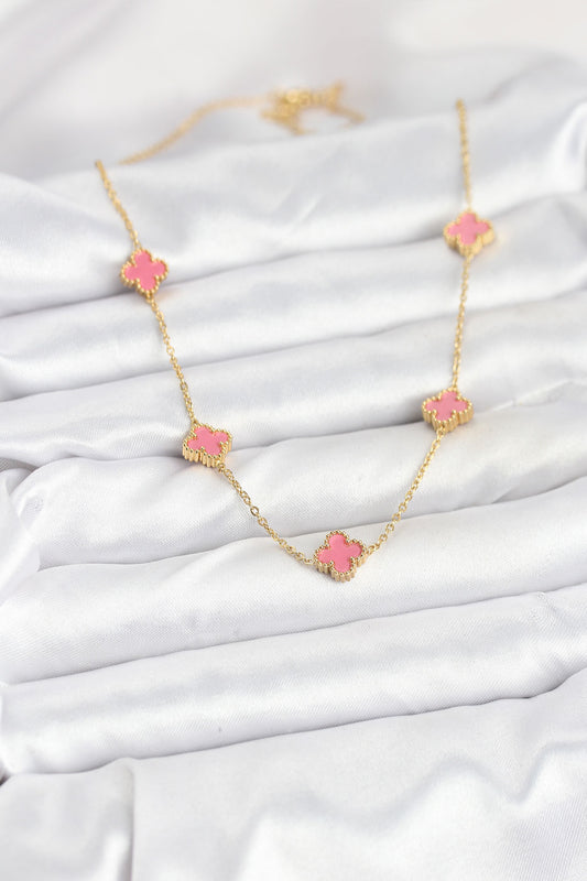 316L Çelik Zincir Gold Renk Pembe Baby Boy Yonca Kadın Kolye - BKO10572